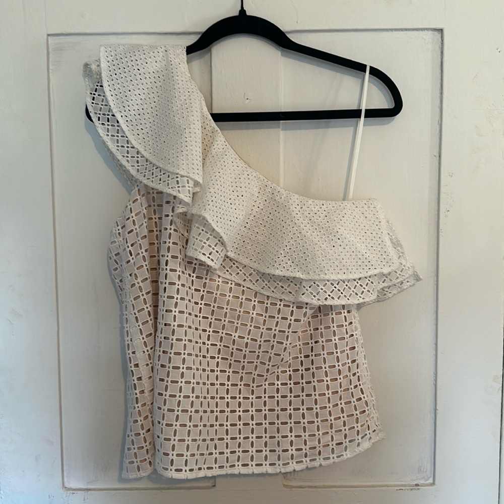 J Crew white one shoulder ruffled top